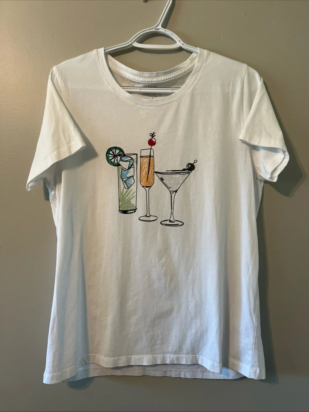 Women’s J. Crew Collectors Tee White Short Sleeve Martini Cocktail Shirt Large